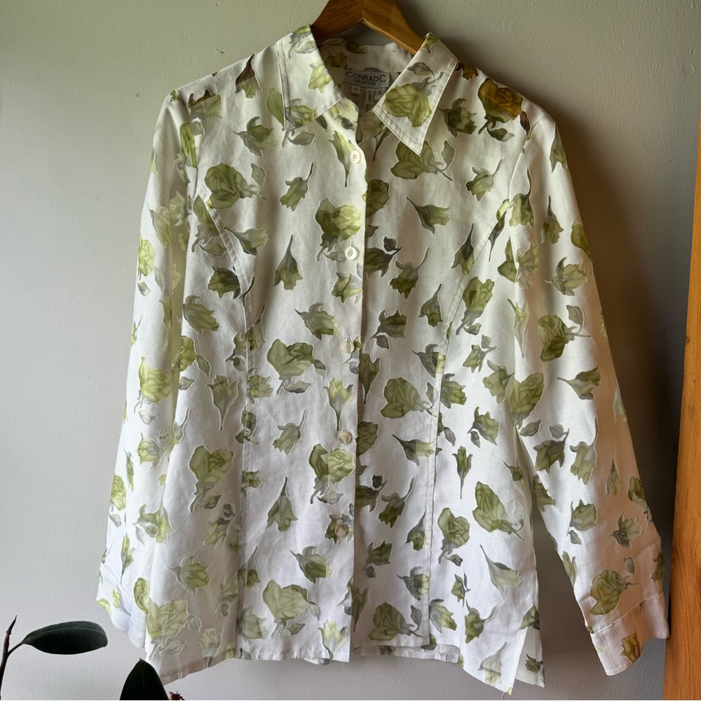 Green Sheer Floral Pattern on White Button-Up Shirt